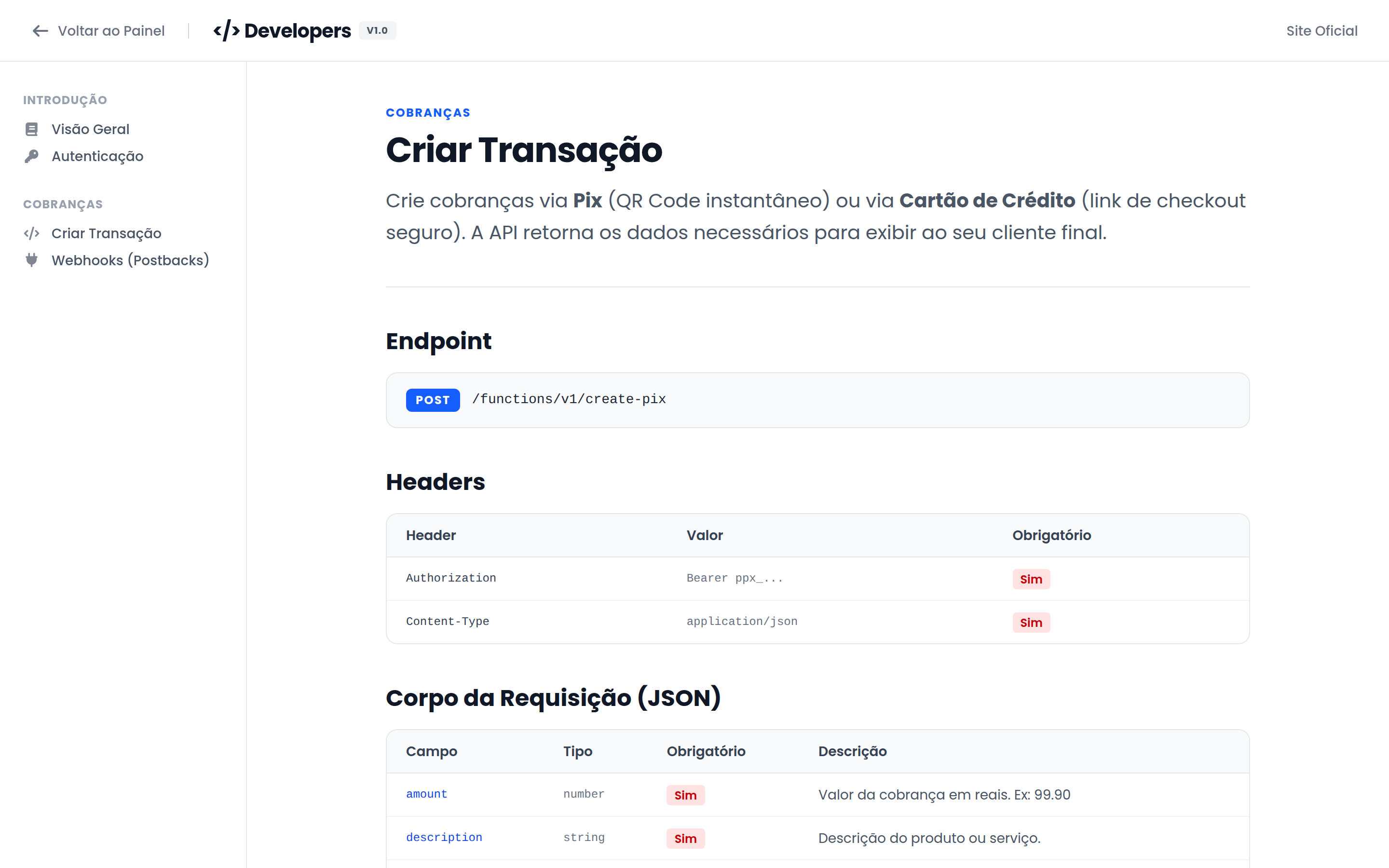 Documentação técnica: criar transação Pix ou cartão