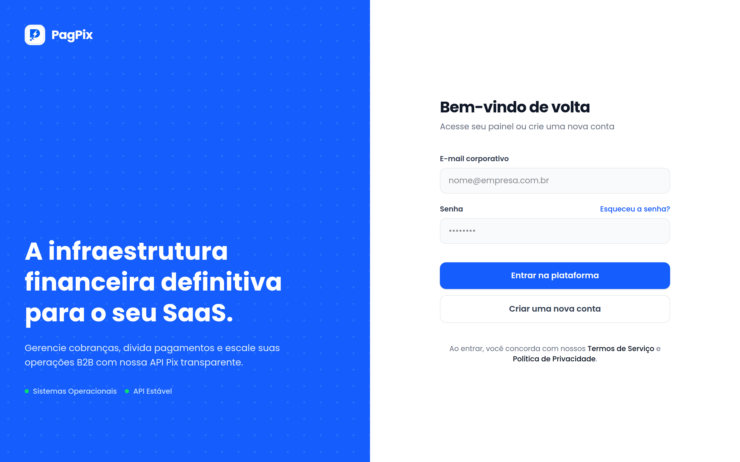 Tela de login da plataforma PagPix