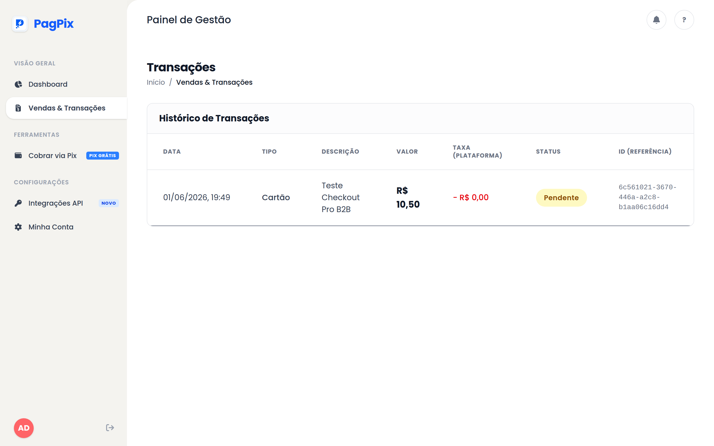 Histórico de transações no painel PagPix